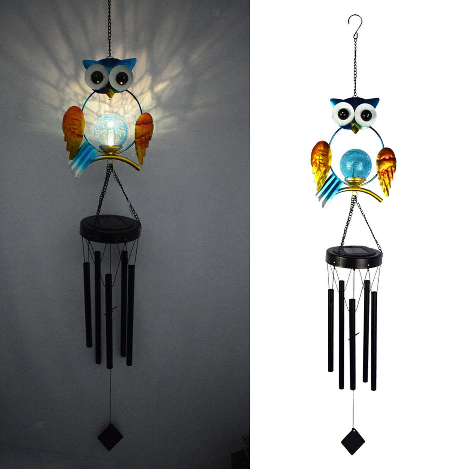 Owl Solar Wind Chime Wind Bell LED Lamp Indoor Garden Lawn Decor Craft