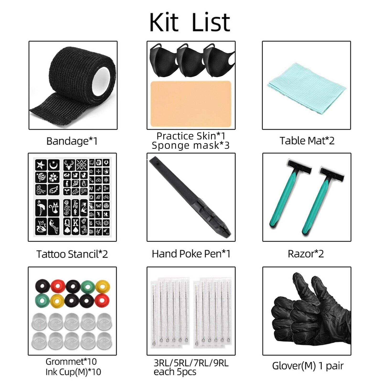 Tattoo Kit Hand Poke and Stick 2x Tattoo Stencil 2pcs Blue Tattoo Tablecloth