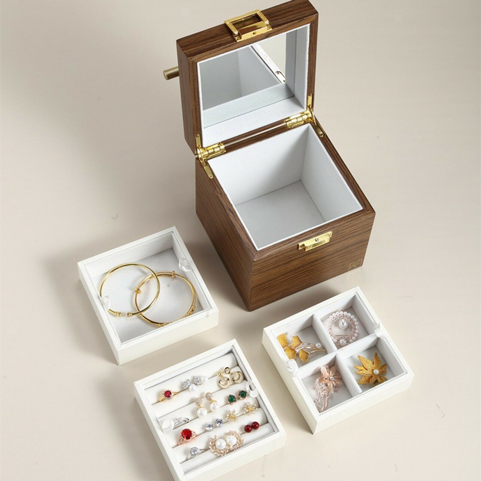 3-tier Wooden Jewelry Box Earrings Bracelets Container Holder Organizer