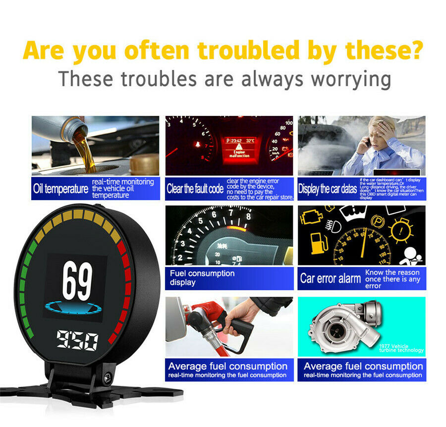 Auto OBD Car Head Up Display Digital Speedometer RPM Temperature Turbo Pressure