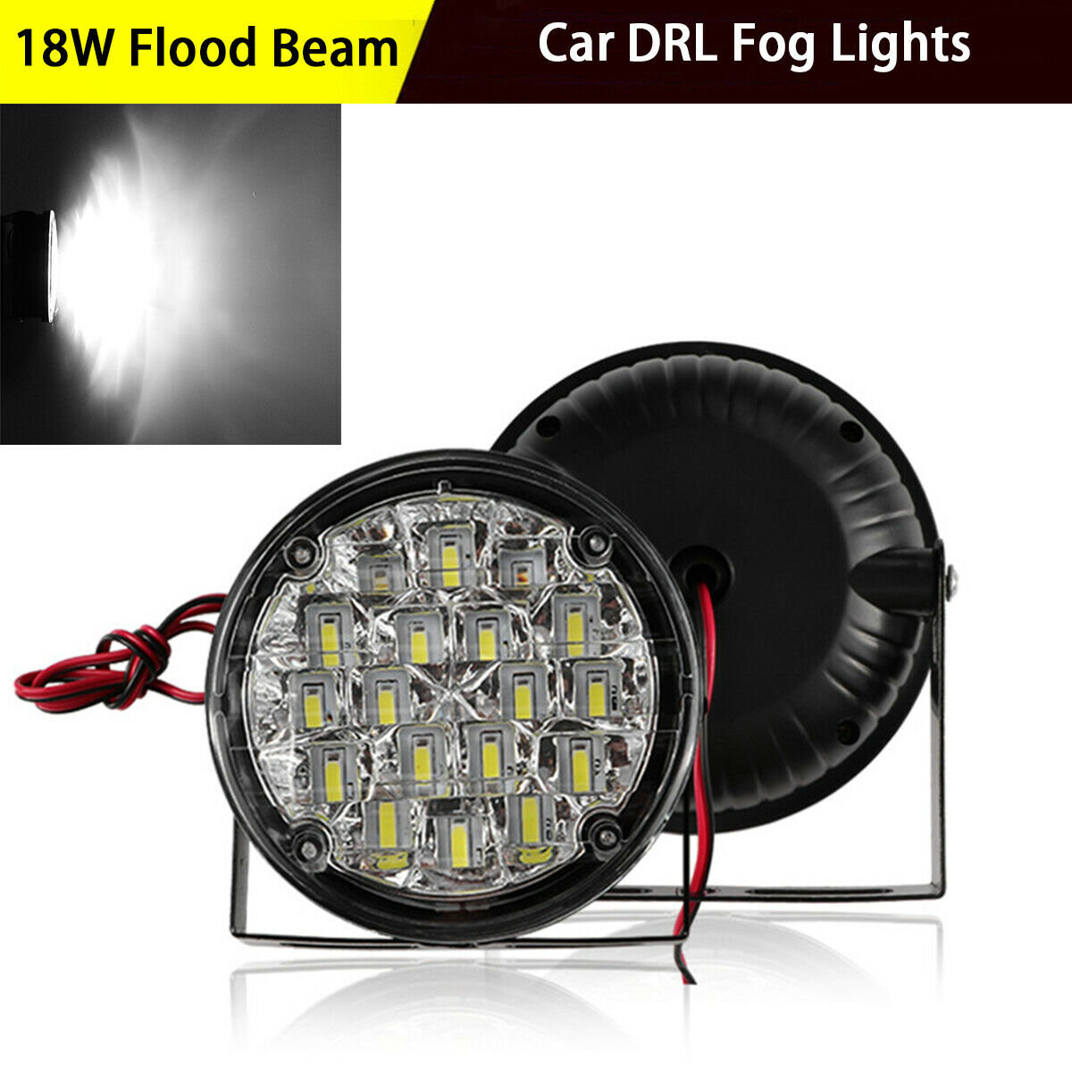 2X 18w 6500K Cool White Flood Beam DRL Fog Lights Round Lamp & Frame Bright LED