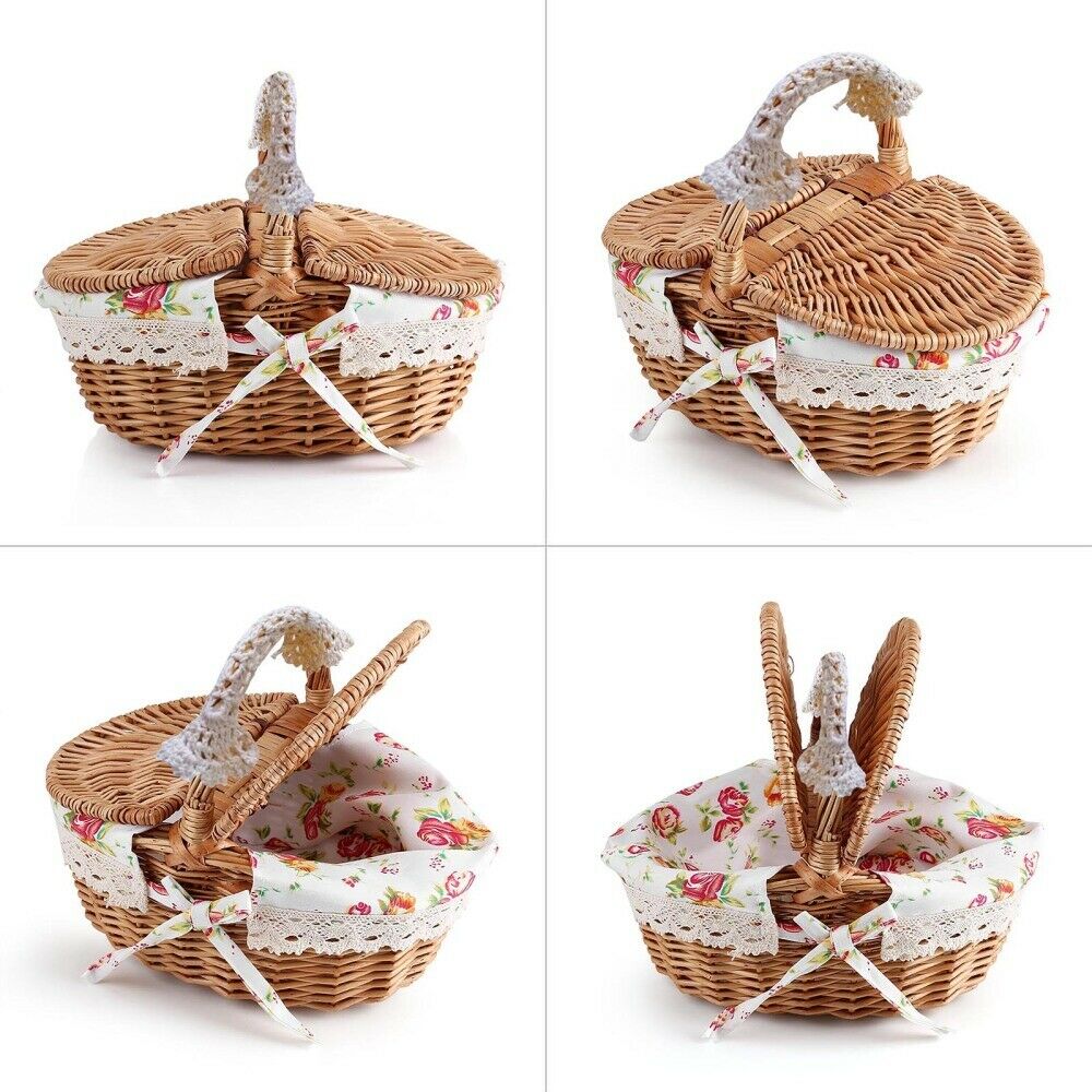 Wicker Linen Picnic Basket Food Storage Hamper Wooden Handle Camping Handmade