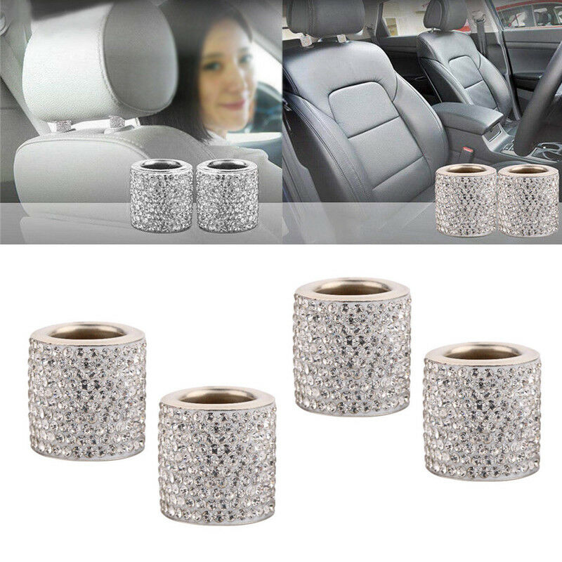 4PCS Diamond Bling Crystal Car Headrest Collar Interior Decor Cylindrical Grand