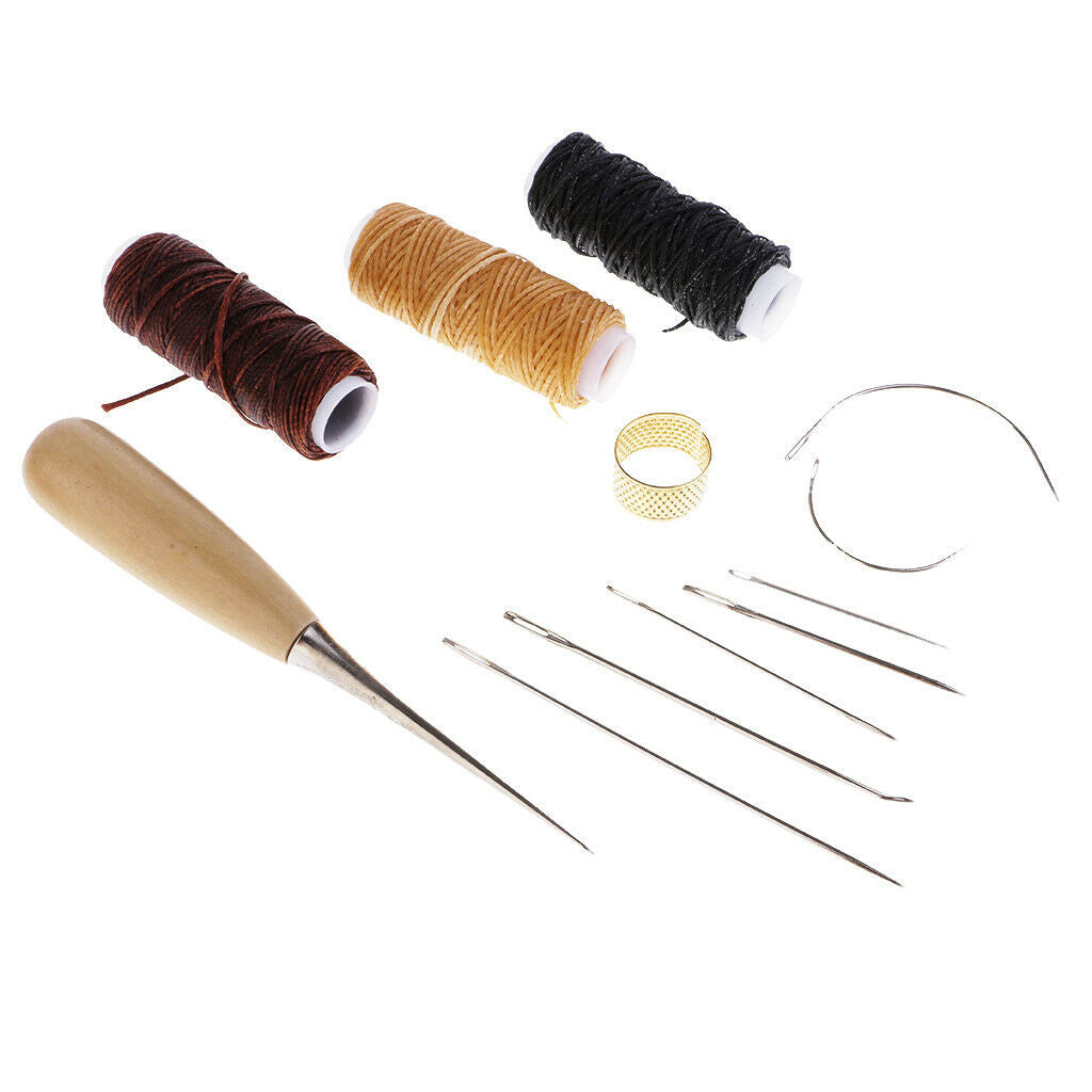 12 Pieces Basic Hand Sewing Leathercraft Set Curved Needles Waxed Thread