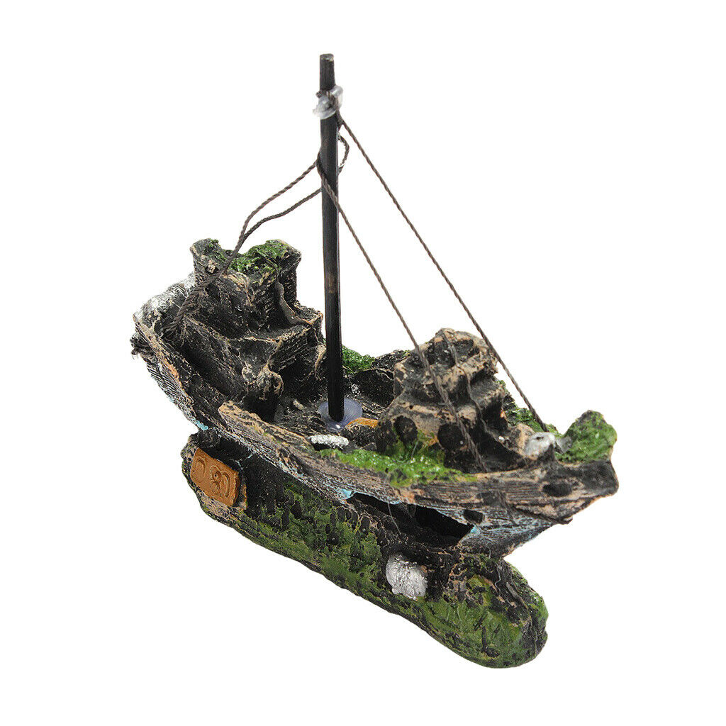 1xWreck Sailing Boat, 1xAntique Castle  Fish Tank Landscape Decoration