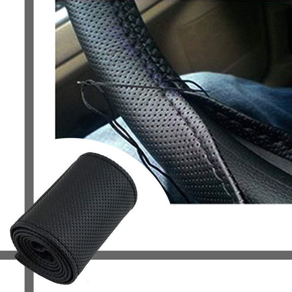 Car Truck Leather Steering Wheel Cover With Needles and Thread Black DI.l8