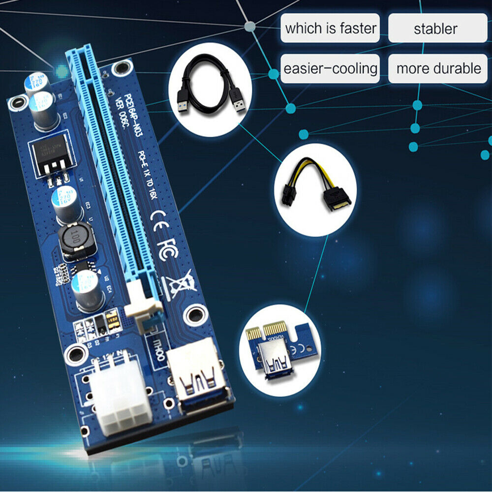 10x PCI-E 16X Riser Board 1X Adapter Card w/ SATA & USB Cable For BTC ETH Mining