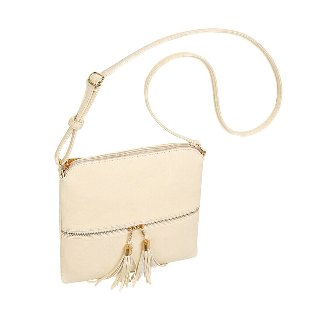 Women's PU Leather Tassel Zipper Bag Shoulder Messenger Bags Creamy