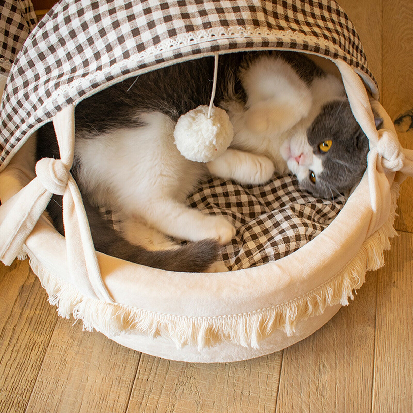 Cat House with Foldable Cover Anti Slip Bottom Pet Nest Bed for Indoor Cats