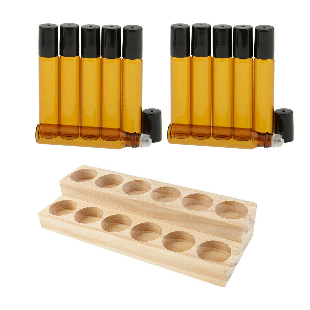 Wooden Essential Oils Display Organizer Stand with 12x Refillable Glass Bottles