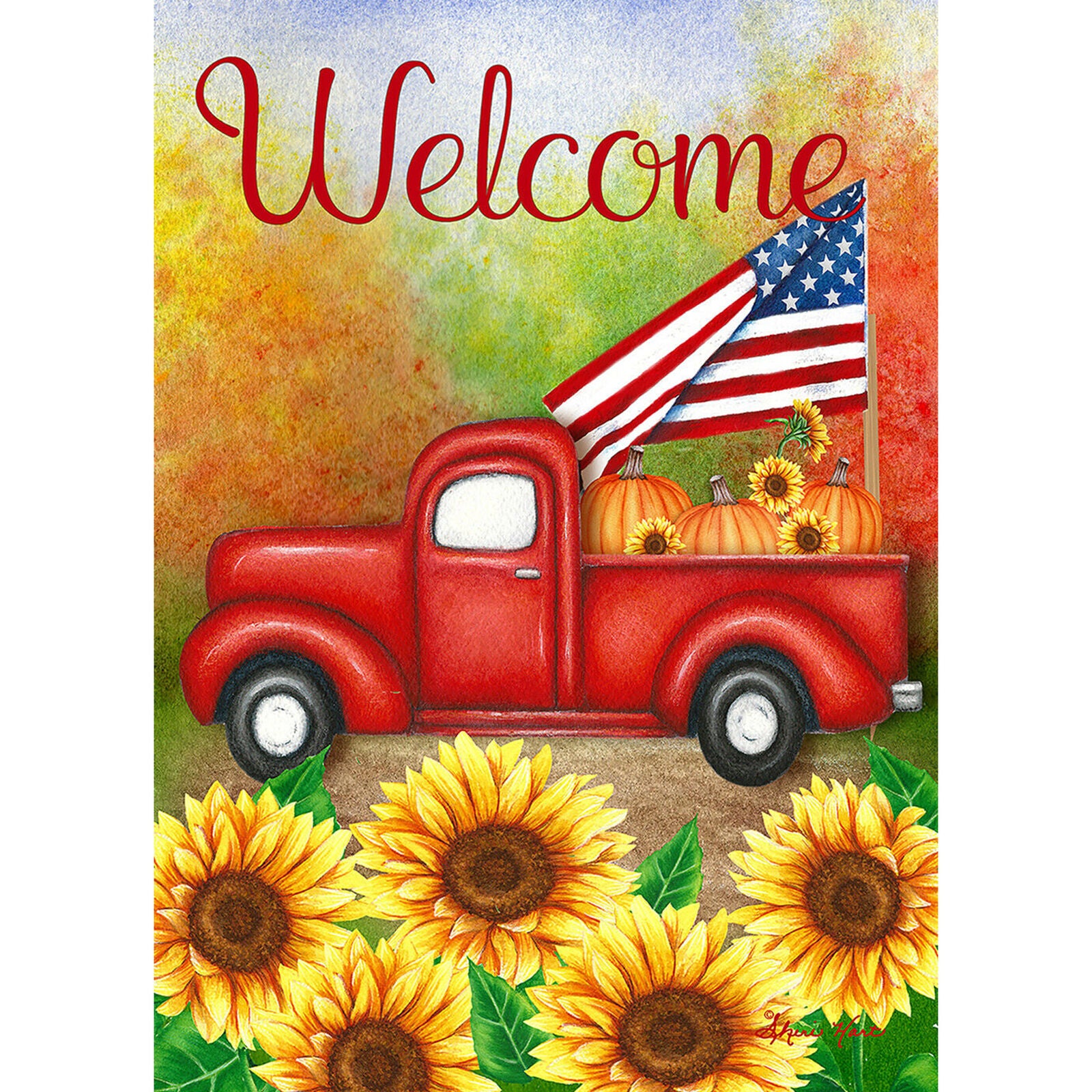 Toland Welcome Harvest Truck 28 x 40 Fall Autumn Sunflower USA House Flag