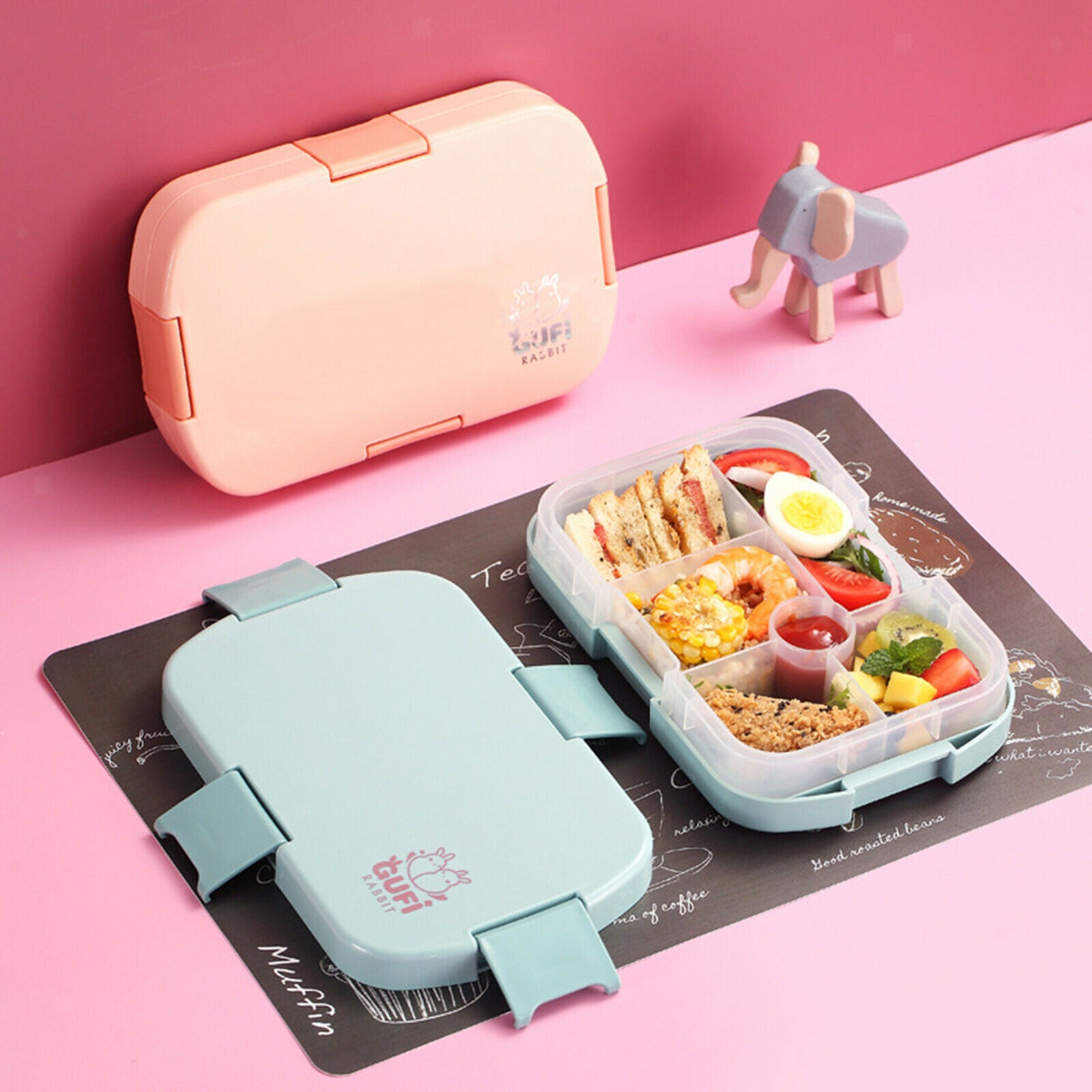 Portable ABS Kids Bento Box Outdoor Lunch Box 6 Grid Food Containers School Pink