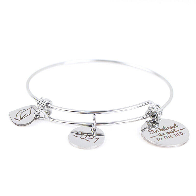 Stainless Steel Women Girls Inspirational Quotes Bangle Heart Charm Brace.l8