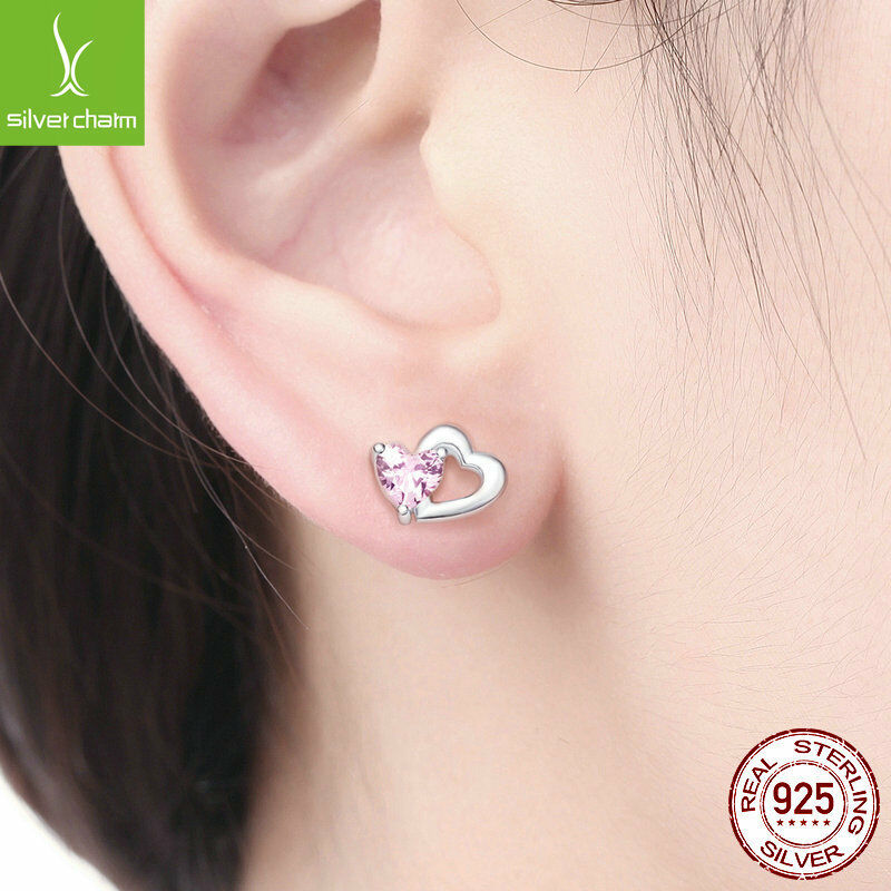 Double Love Heart to Heart Pink CZ Stud Earrings for Women 925 sterling Jewelry