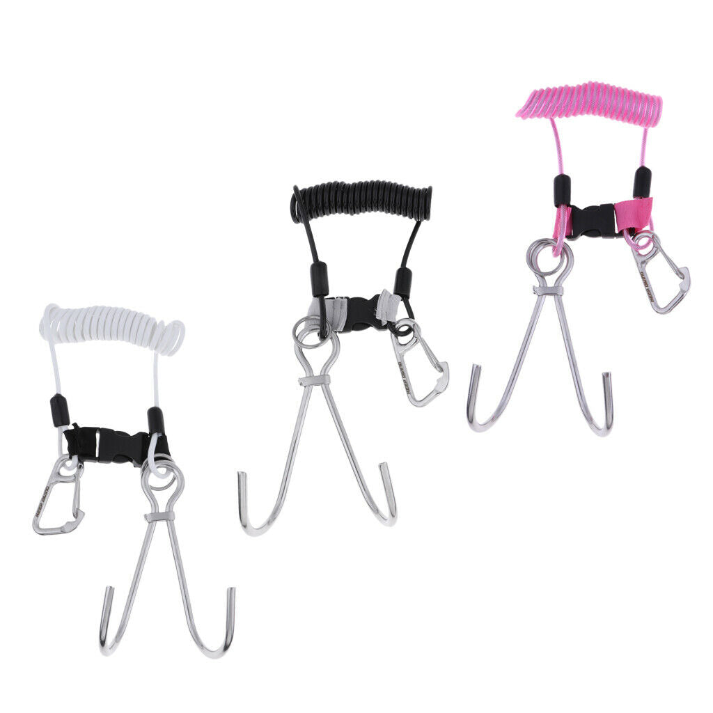 Scuba Diving Stainless Steel Dual Reef Hooks w/Spiral Coil Lanyard White