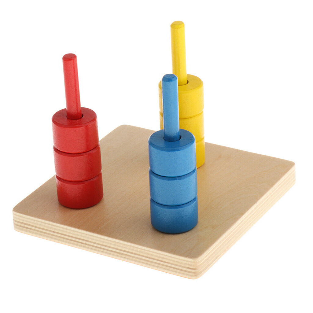 Wood 3 Colors Montessori Discs on 3 Dowel Geometry Toys Kid Math Handcrafted