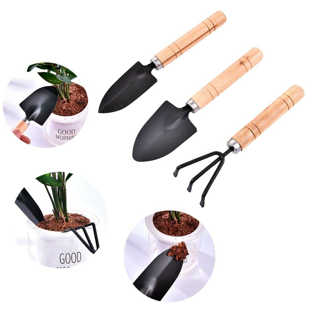 3Pcs Wood Gardening Garden Hand Tool Mini Cultivator Fork Trowel Shovel Set US
