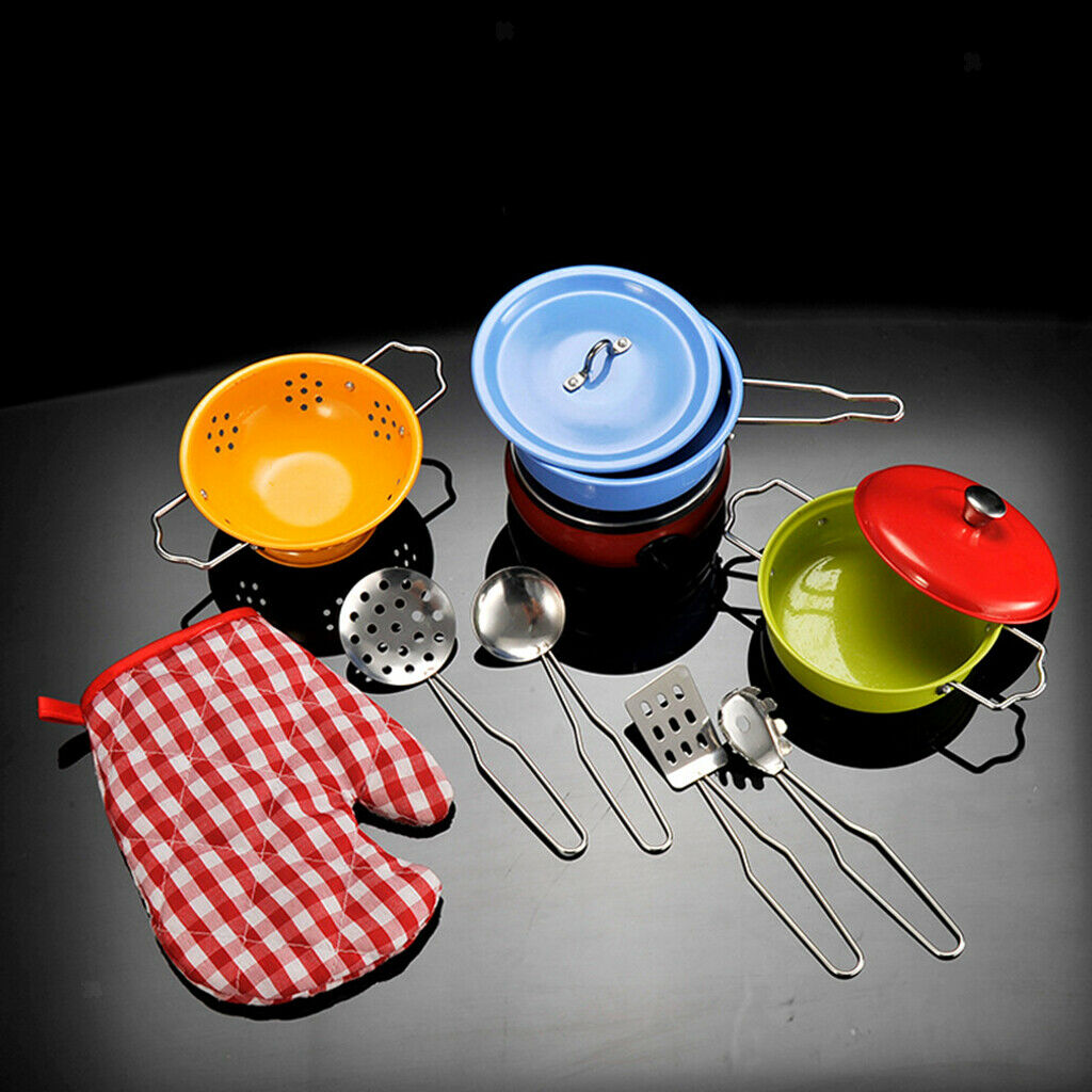 11 Pieces Kids Pretend Play Stainless Steel Cookware Kitchen Pot Pan Utensil