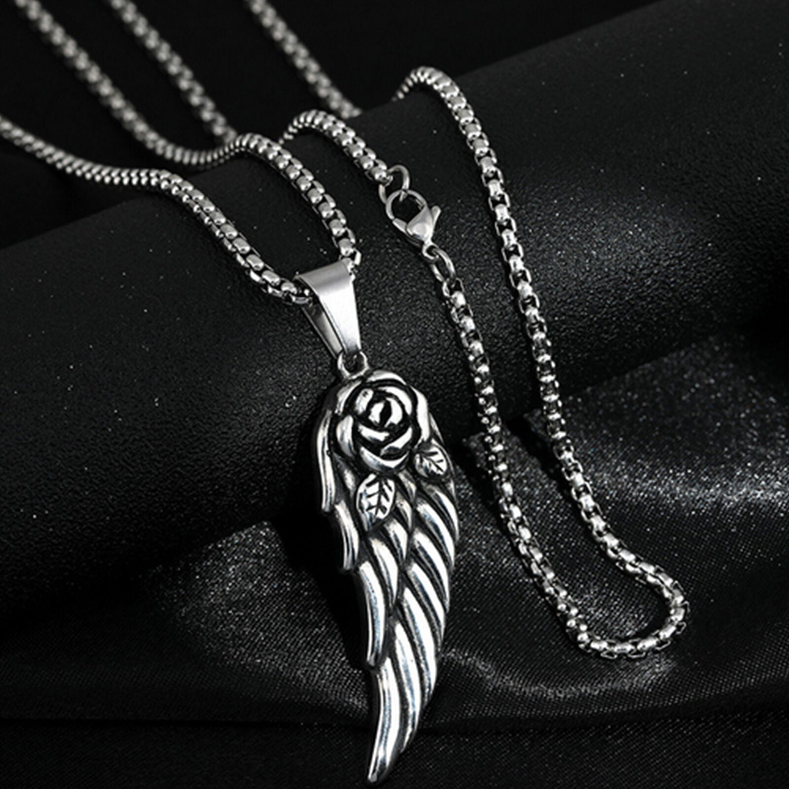 Men's Stainless Steel Rose Angel Wing Pendant Necklace