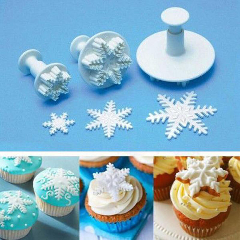 3 Pcs Cake Xmas Snowflake shape Plunger Fondant Decor Sugarcraft Mold Cut.l8