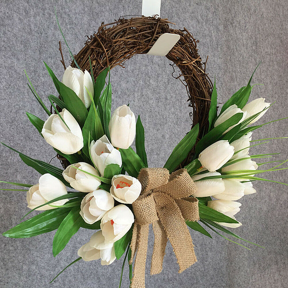 Artificial Wreath White Tulip Garland Rattan Flower Wedding Home Wall Decor DIY