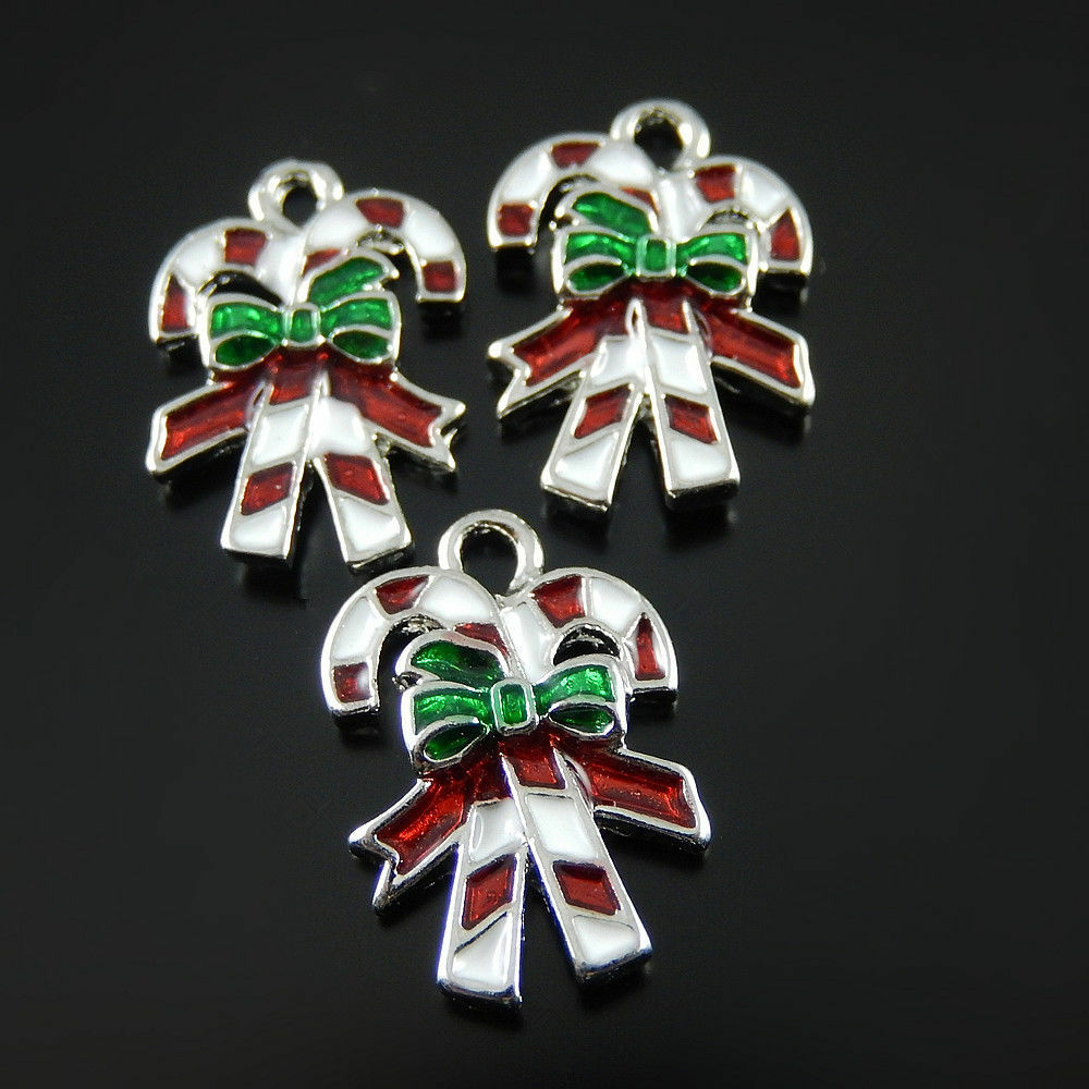 Colorful Enamel Alloy Xmas Sticks Bow-knot Charms Pendant Crafts 20pcs 52152