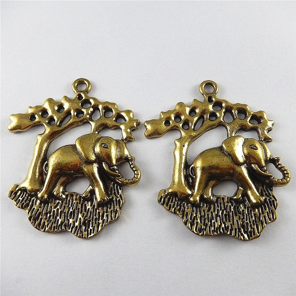 3 pcs Antiqued Bronze Pendant Charm Elephant Under Tree Alloy Crafts 58*54*8mm