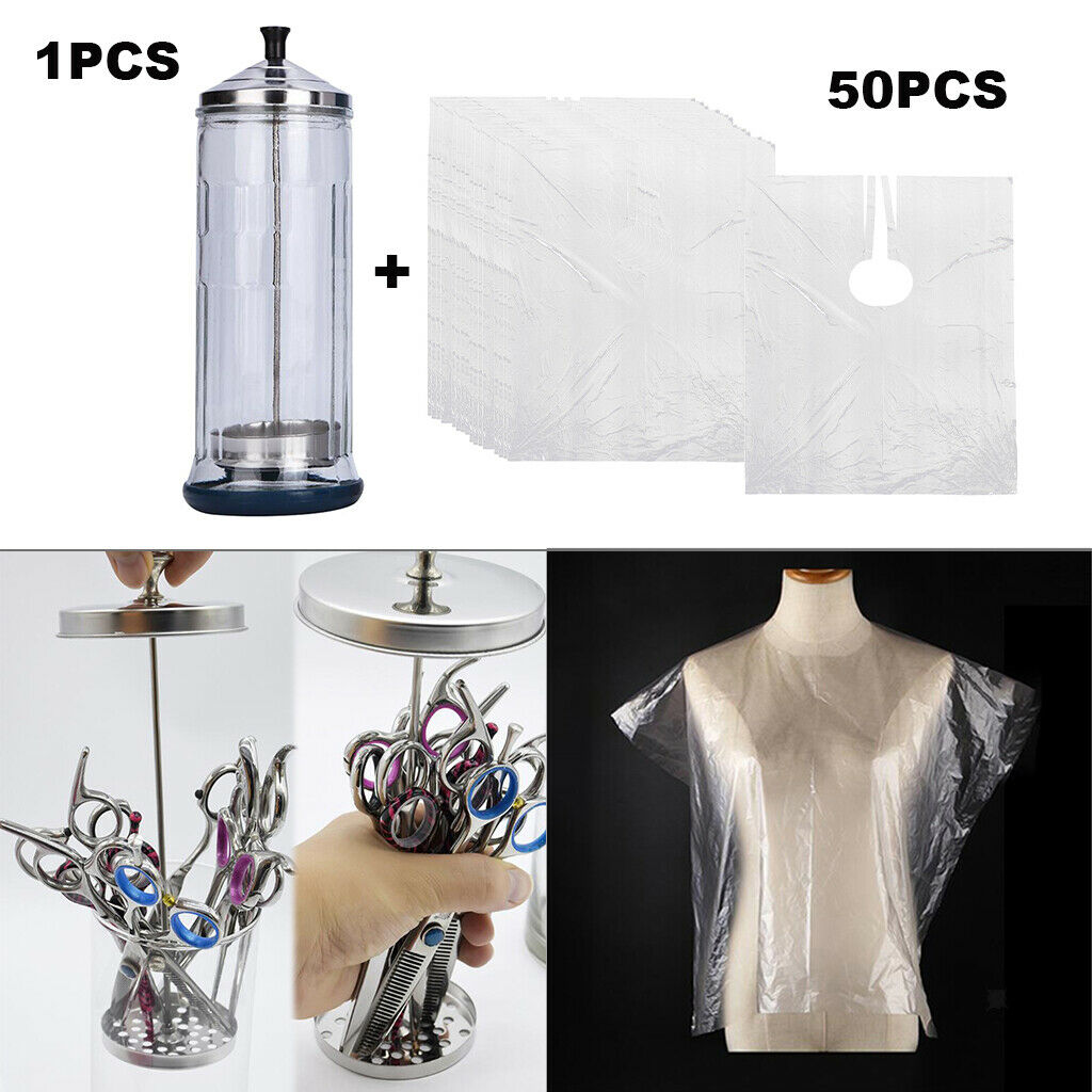 Disinfectant Jar Container + 50pcs Disposable Hair Capes Set for Barber