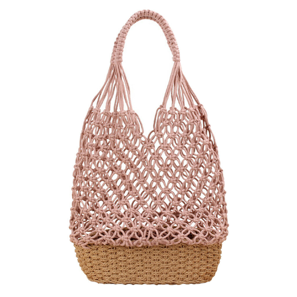 2PCS Womens Straw Shoulder Bag Beach Shopping Bag Woven Bag Purse Pink+White