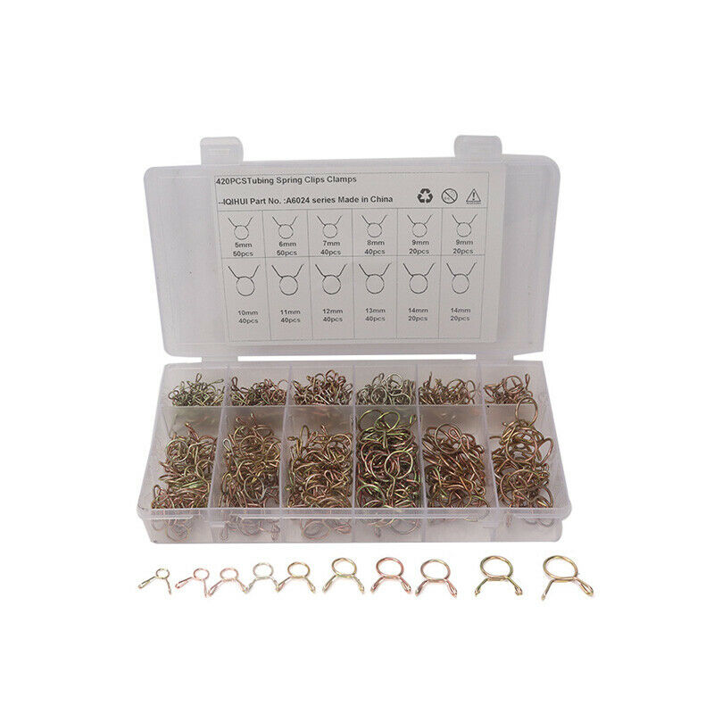 420Pcs 5mm-14mm Fuel Oil Hose Line Spring Clip Air Tube Clamps Assortment Box