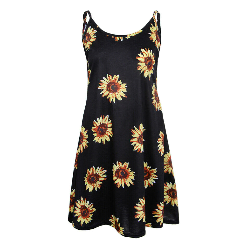 Women's Summer Sleeveless Adjustable Strappy Floral Swing Dress Sunflower L