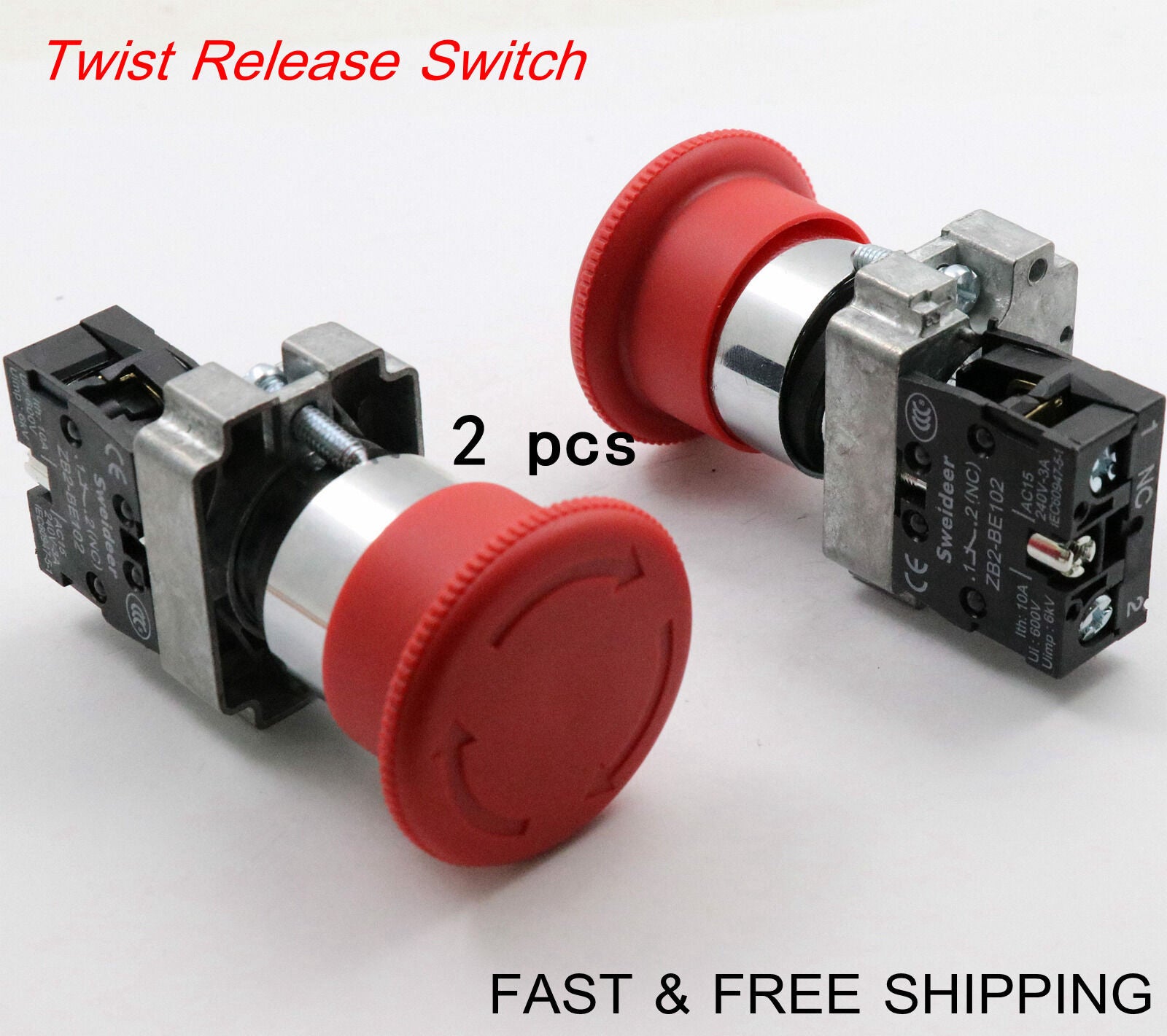 2PCS Emergency Stop Switch Red 600V 1 NC 10A Contacts  E-stop Twist RelODY_WF