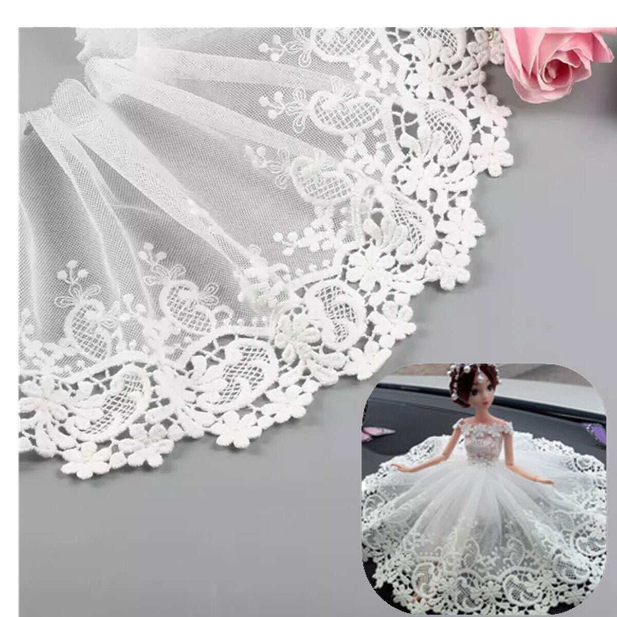 White Pleated Floral Lace Edge Trim Wedding Dress Fabric Sewing DIY Craft 1Yard