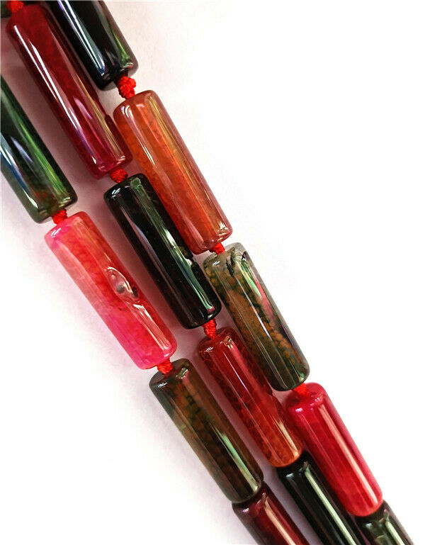 1 Strand 34x10mm Colorful Dragon Veins Agate Cylinder Tube Beads 15.5inch HH8480