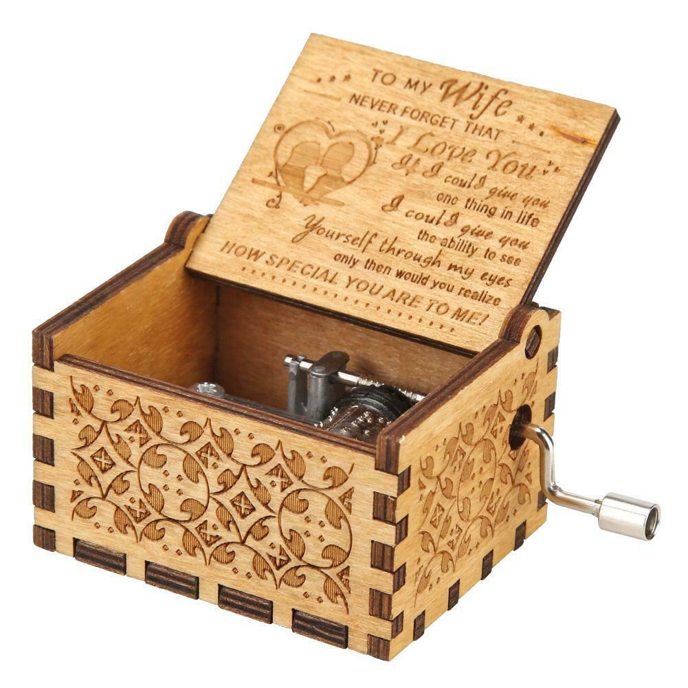 Retro Hand Cranked Music Box Wood Carved Kid Child Birthday Gift Home Decor @