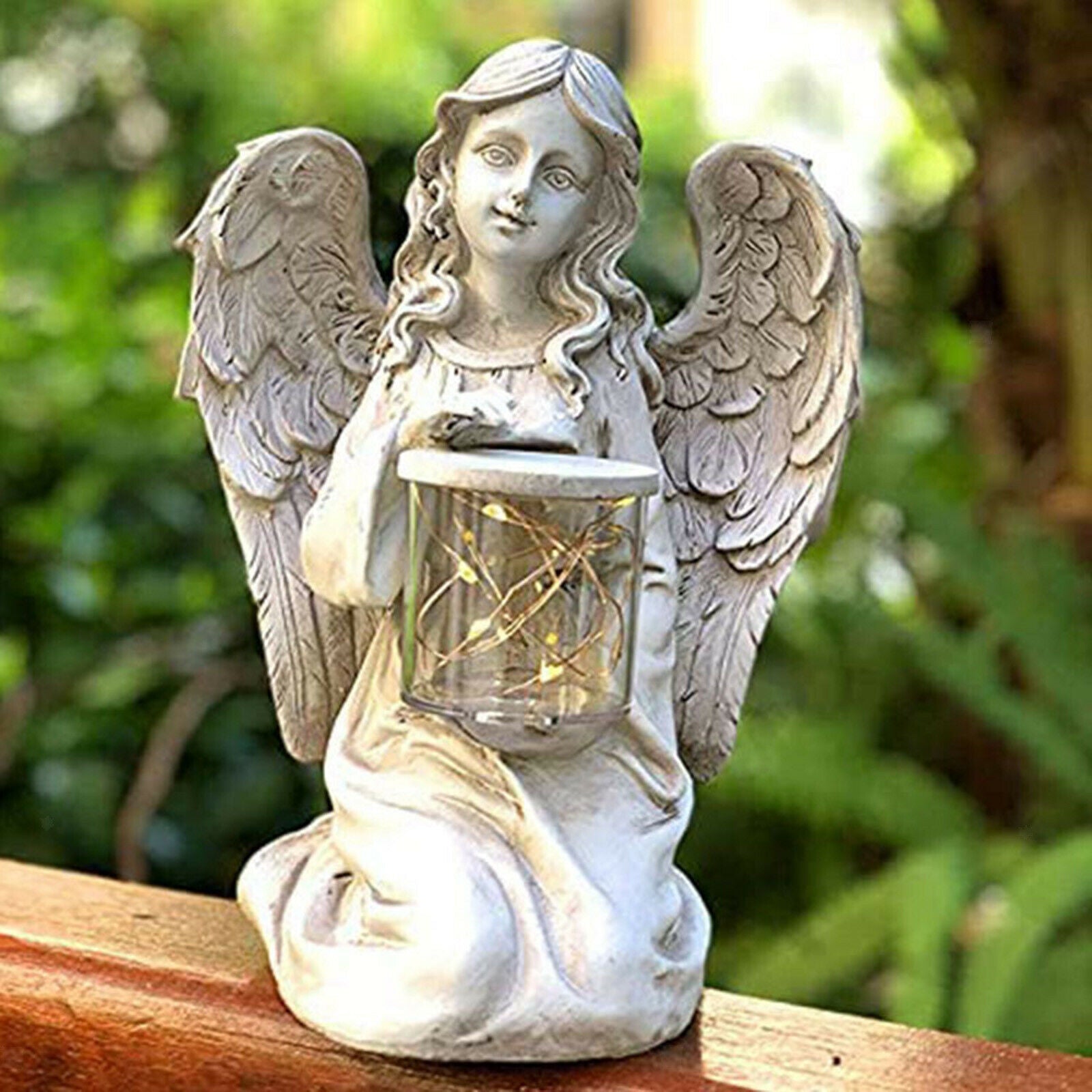 Kneeling Angel Girl Statue Home Decor Wings Angel with LED Light Sculpture