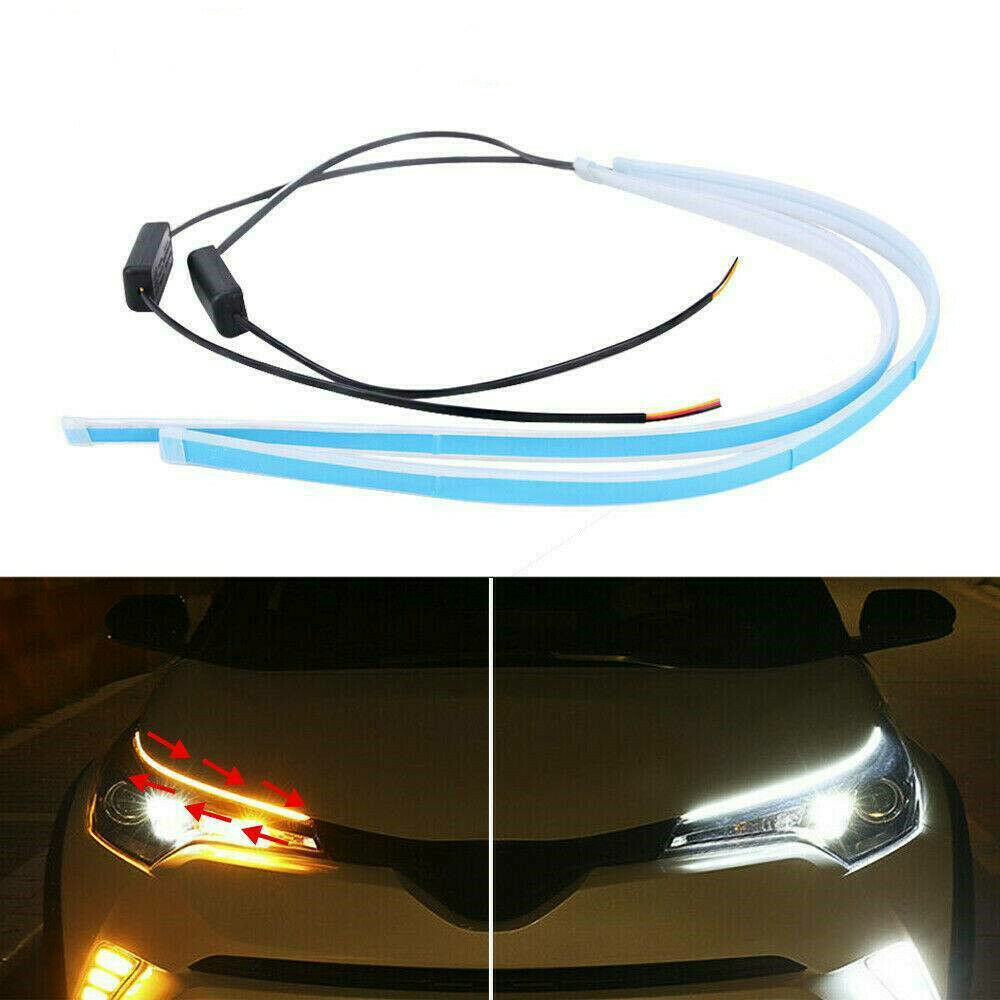 2 x 60CM LED DRL Light Amber Sequential Flexible Turn Signal Strip For Headlight