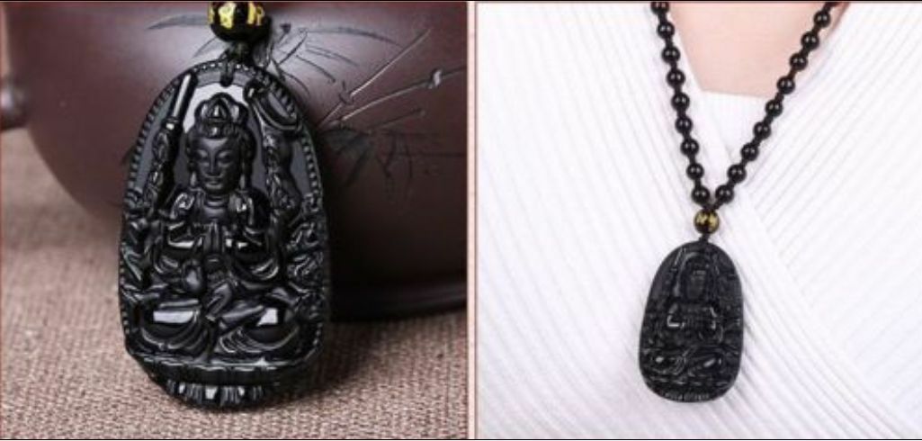 Natural Black Obsidian der geschnitzte GuanYin Buddha GlÃ¼cksanhÃ¤nger-Halskette