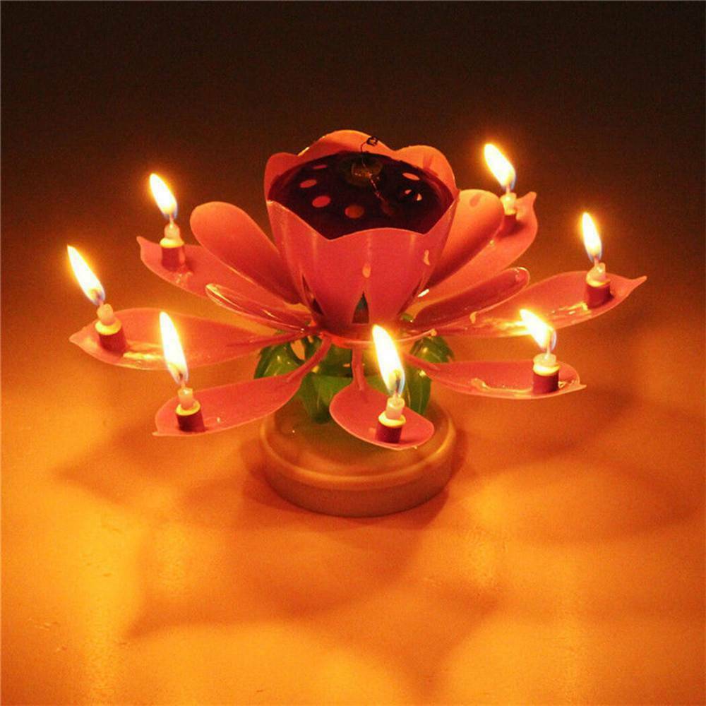 Candle Rotating Birthday Musical Lotus Flower Cake Candles Happy Light Decor New