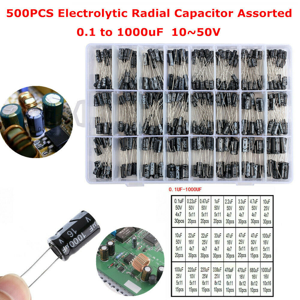 500x 0.1 to 1000uF 24Values Electrolytic Radial Capacitor 10~50V Element Box DIY