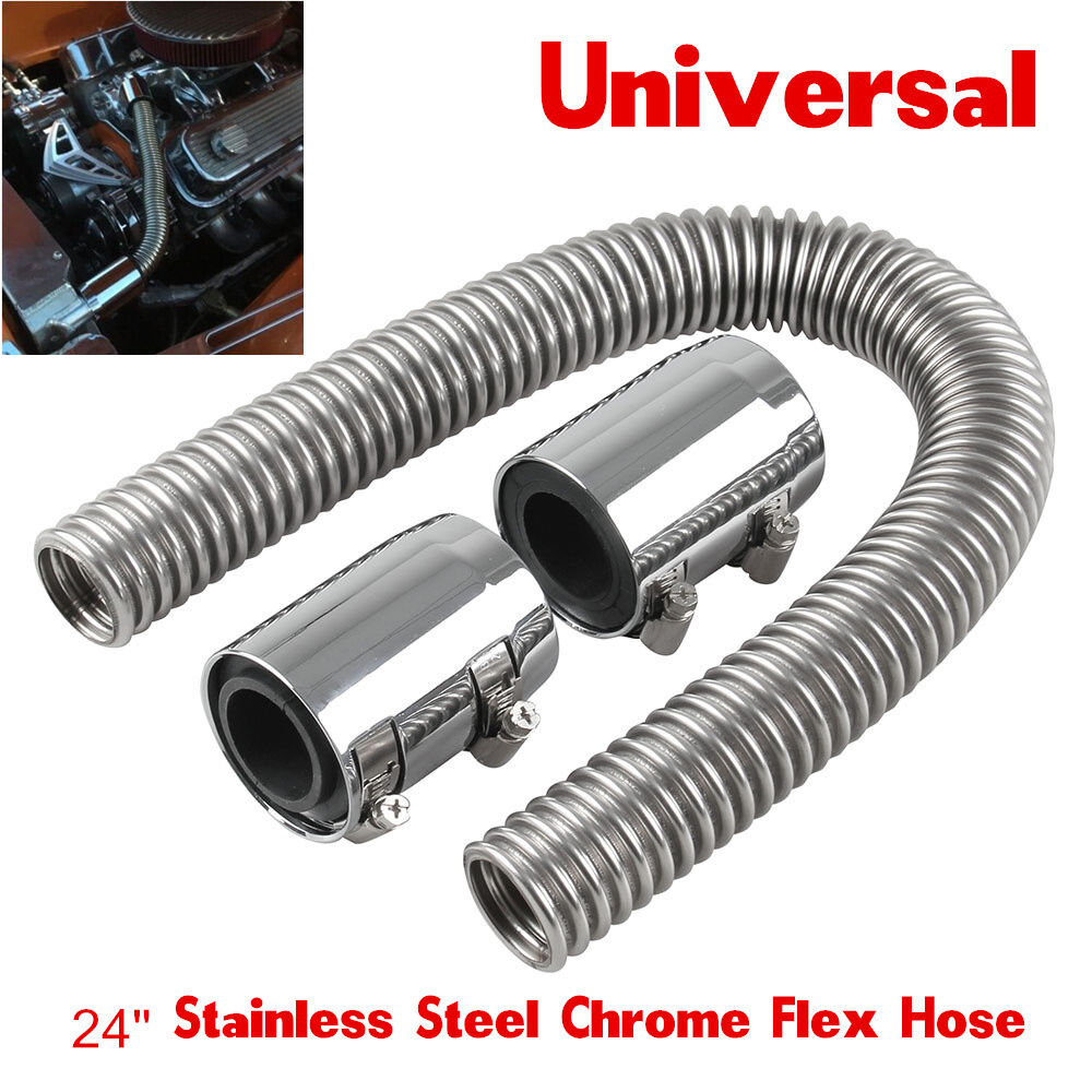 24" Stainless Steel Chrome Radiator Flex Coolant Water Hose Caps/Radiator cover
