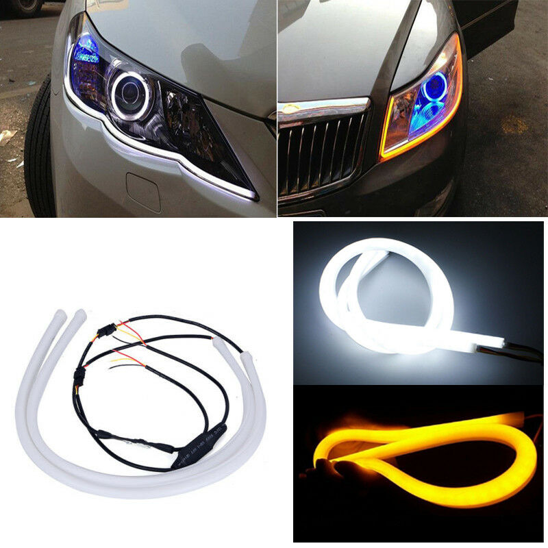 2x 60cm LED Light Strips Tube Switchback White/Amber Flexible DRL Turn Signal