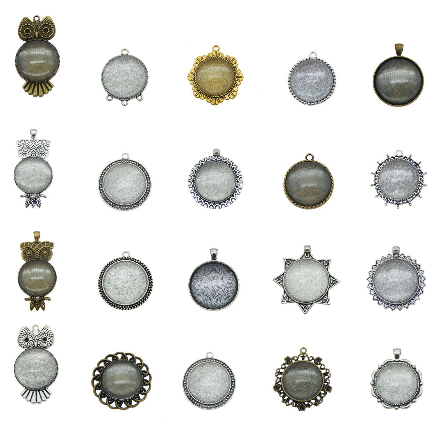 5 sets Metal Blanks with Round 30mm Clear Glass Cabochons Pendants Send Randomly