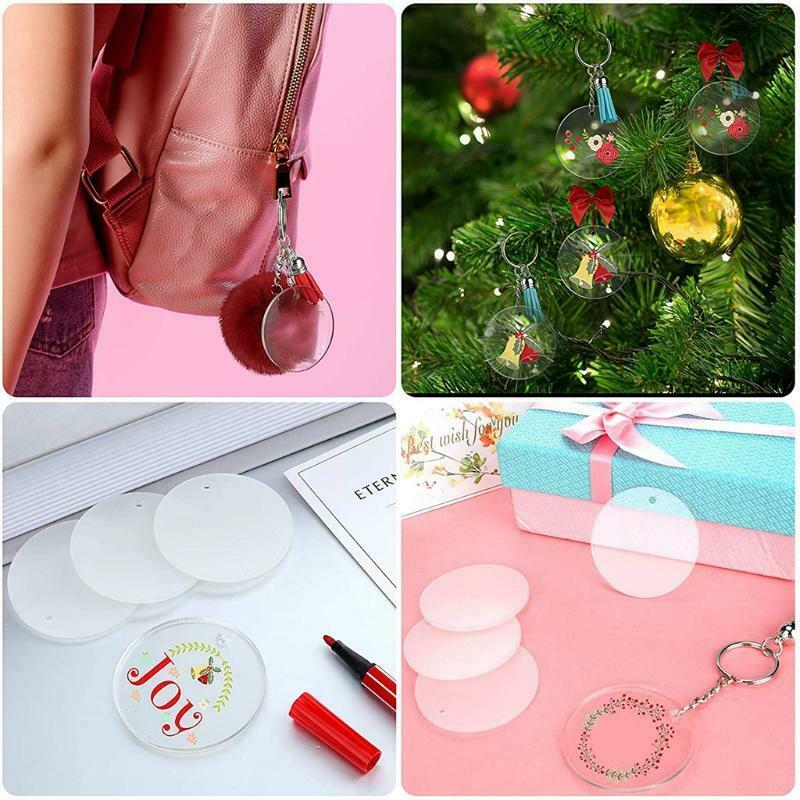 1 Set Acrylic Keychain Blanks with Key Rings Round Clear Discs Circles Tassel