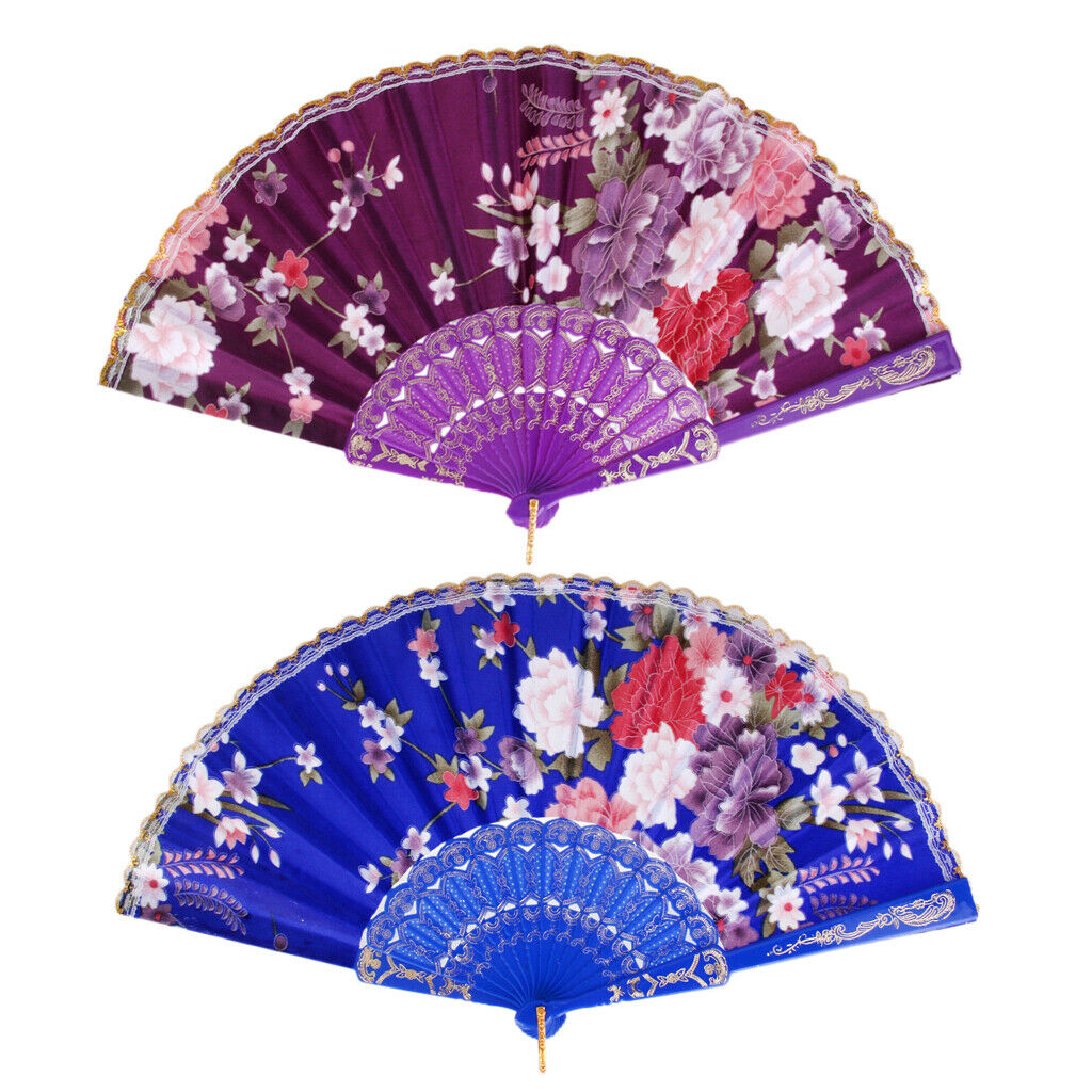 Sweet Style Foldable Folding Floral Print Style Hand Fan Royal Blue &