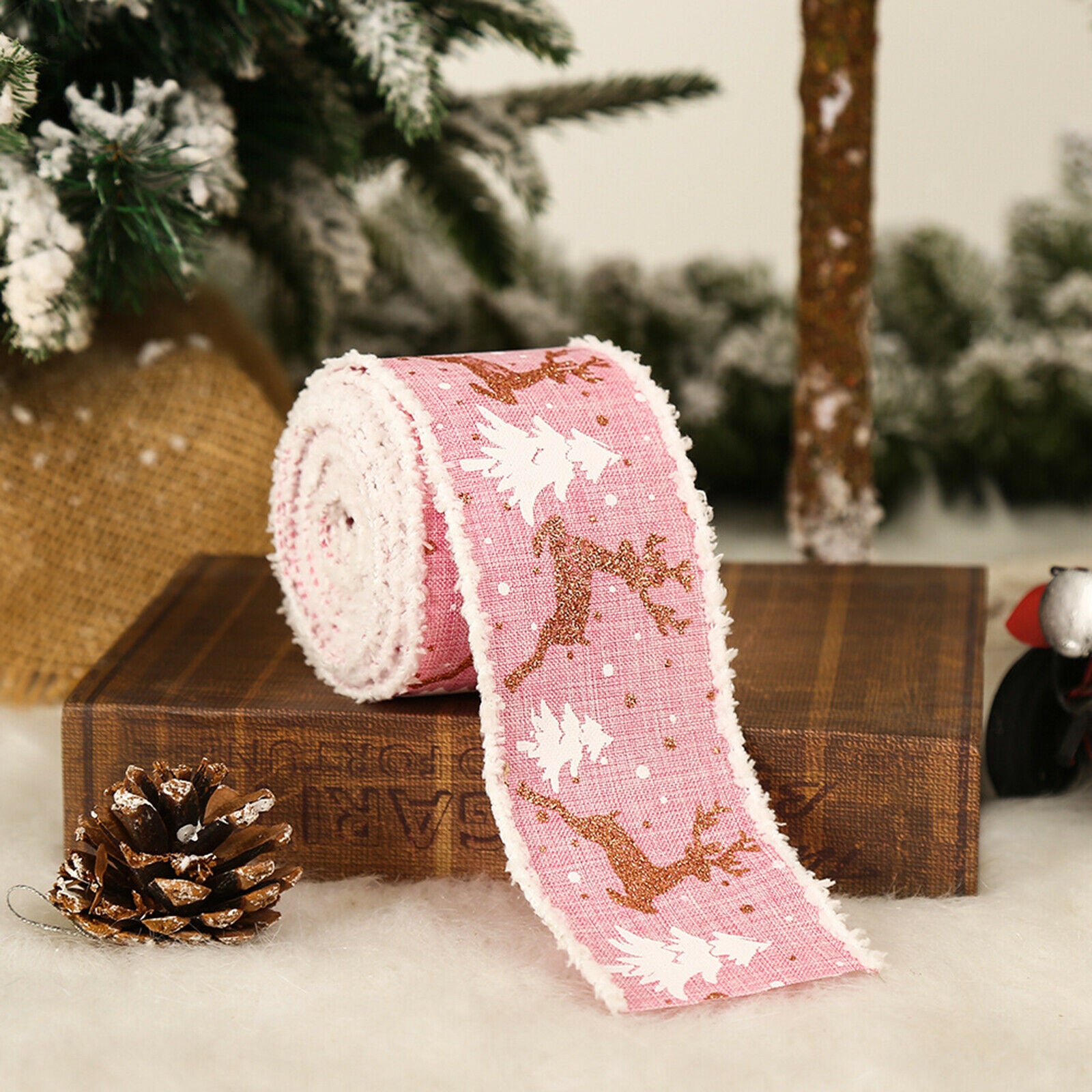 3 Rolls 5m Christmas Ribbon Linen Wired Edge Handmade Craft for Decoration