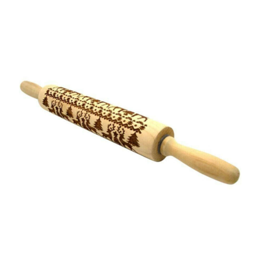Christmas Wooden Rolling Pins Elk Deer Embossing Rolling Pin Kitchen Baking Tool