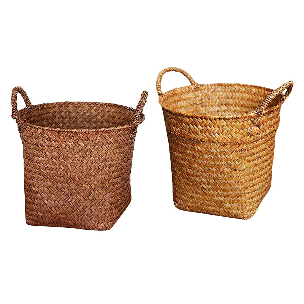 2x Rattan Straw Storage Basket Handcrafts for Grocery Bag Flowerpots 15x18cm