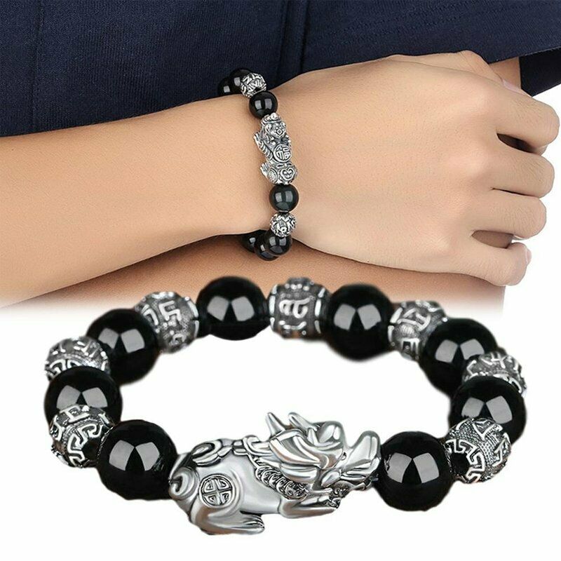 Feng Shui Black Obsidian Beads Bracelet Attract Wealth & Good Luck Bangle PiXiu