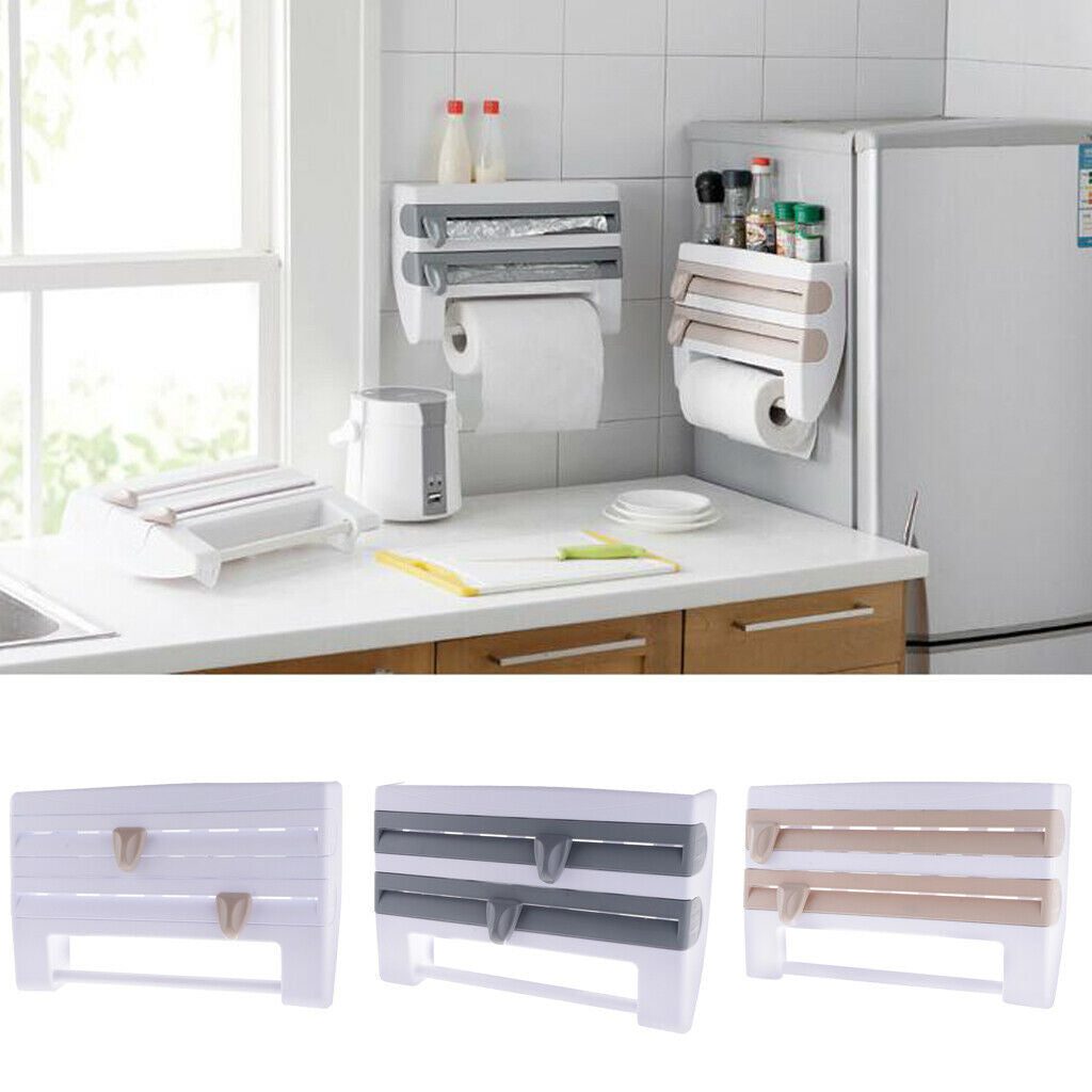 Kitchen Towel Foil 4-in-1 Roll Holder Cling Film Dispenser Wall Rack Brown